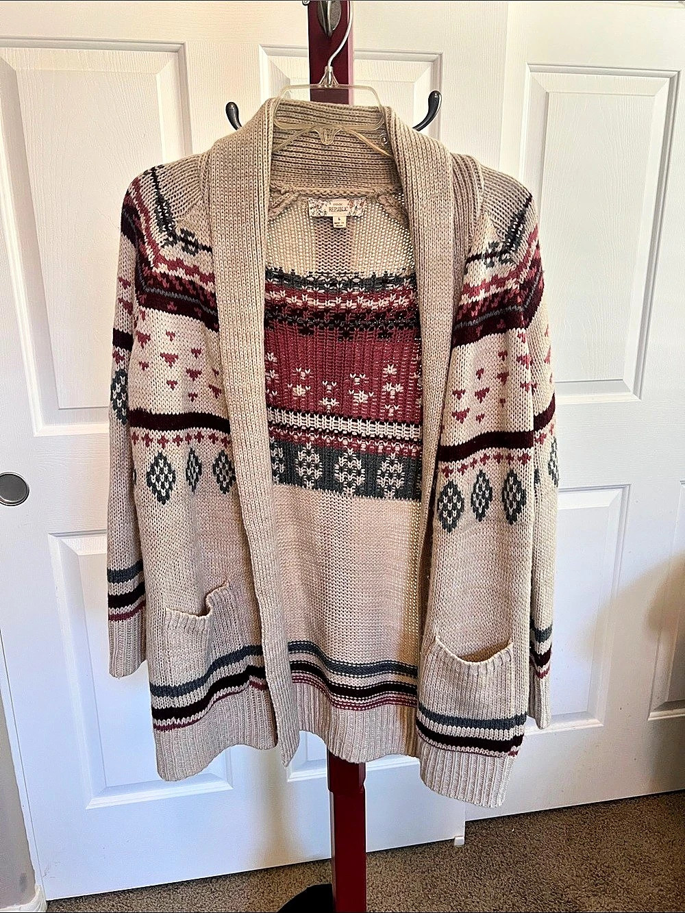 Pink Republic Aztec Geometric Open Front Cardigan Cream & Burgundy Large